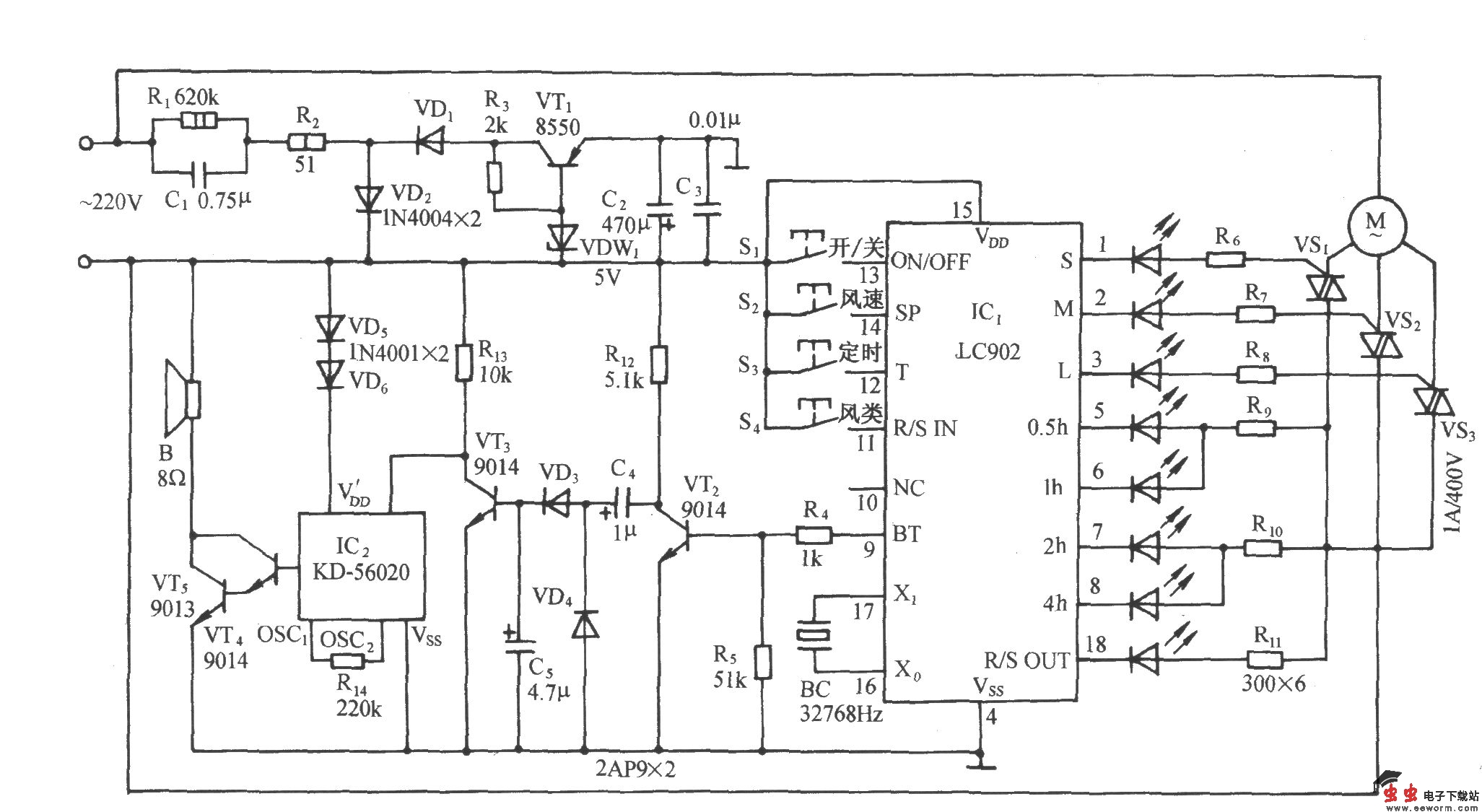 用LC902的多功能电风扇伴鸟鸣声控制电路