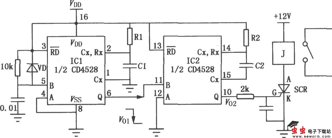 单稳态触发器CD4528组成的延时电路