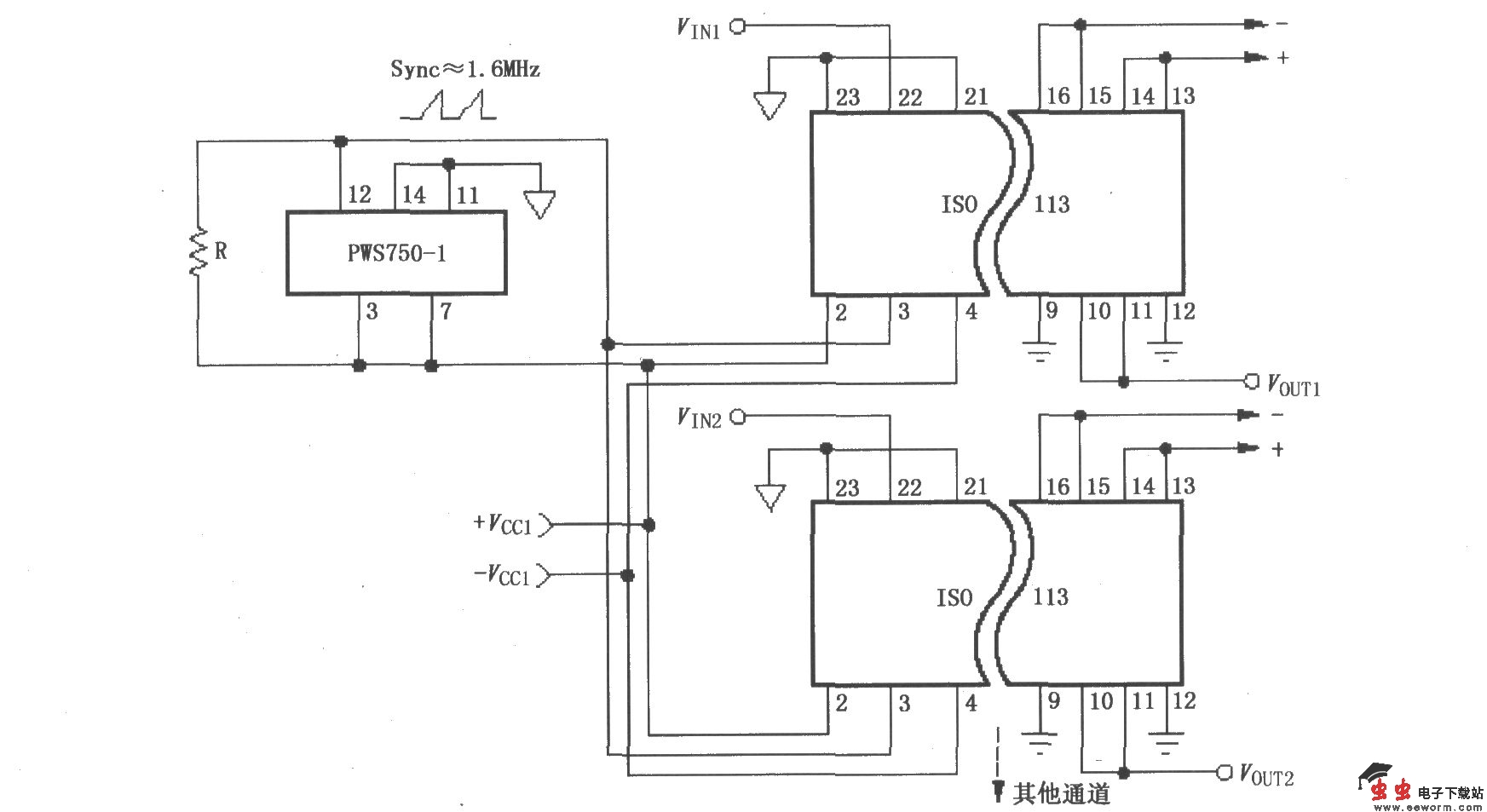 由ISO113与PWS750-1构成的多通道同步隔离电路
