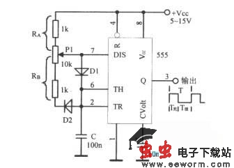 采用555组成占空比可调的方波振荡器