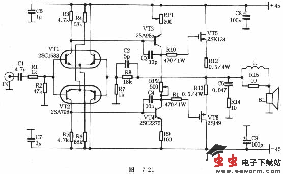 电阻用1/2W高质量的金属膜电阻，电容使用进口CBB电容，所有晶体管要严格配对，配对误差要在3％以内。L用1.0mm漆包线在12mm骨架上密绕10匝后脱胎而成。焊接无误后调整功放管的静态电流在100mA左右即可。如果电路中点电位无法控制在30mV以下，需要检查一下晶体管的配对误差。