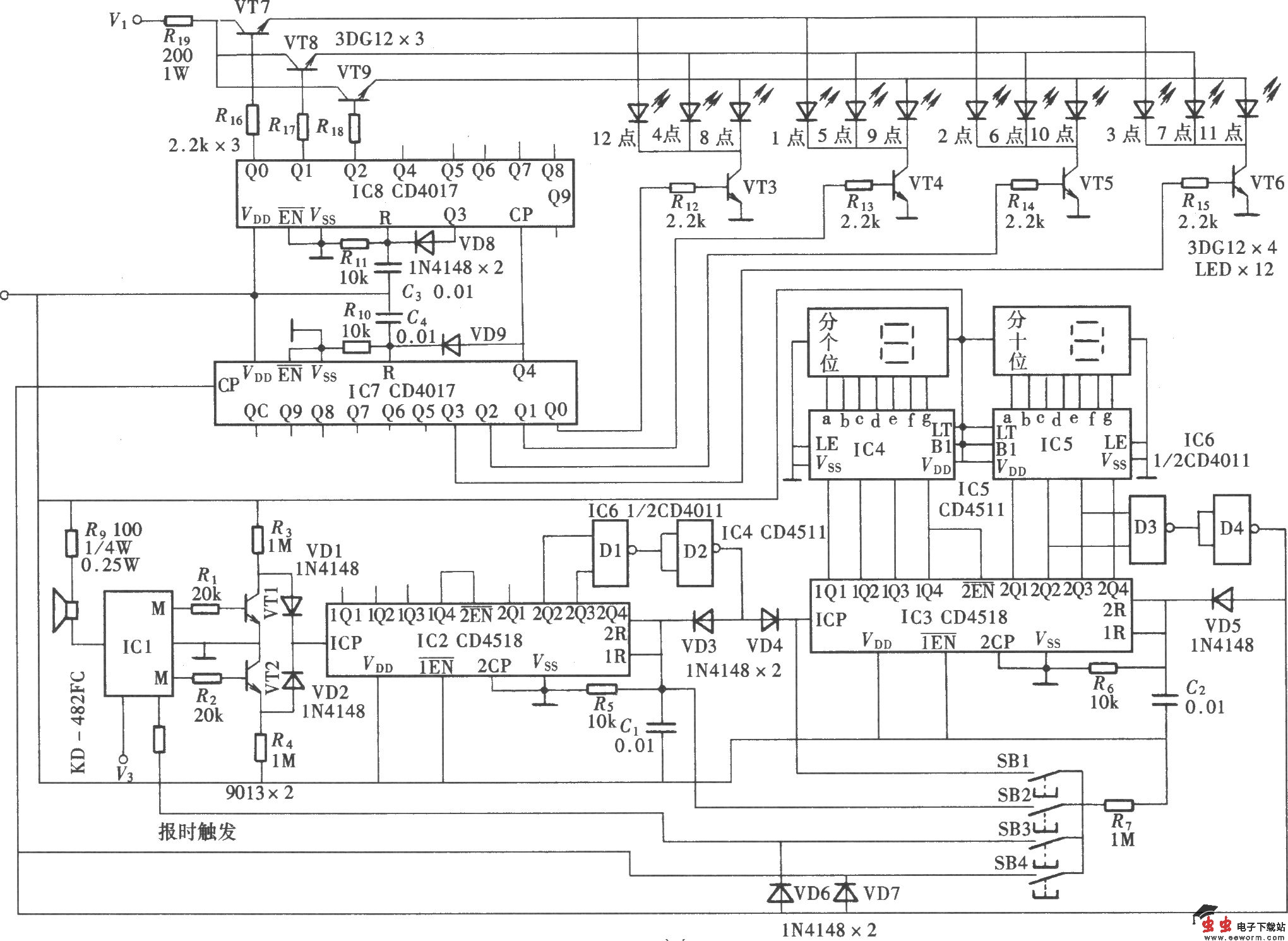 数字式电子钟电路(CD4017、CD4518、CD4511)