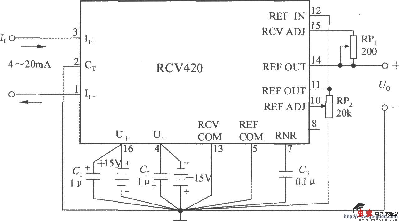 精密电流／电压转换器RCV420的典型应用电路