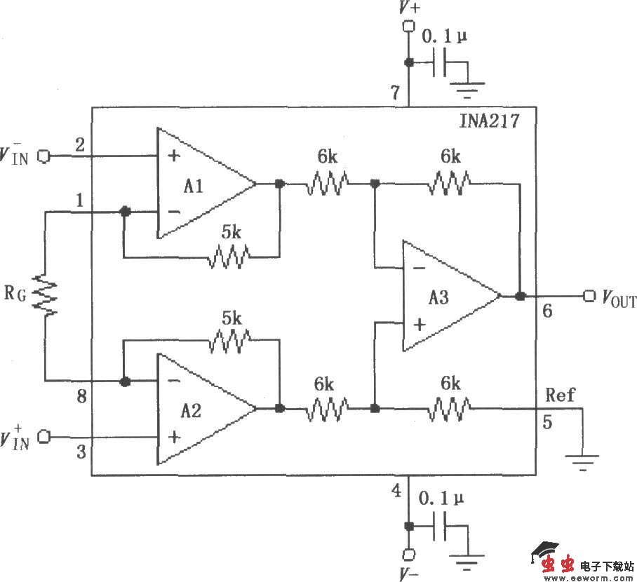 INA217信号和电源的基本连接电路