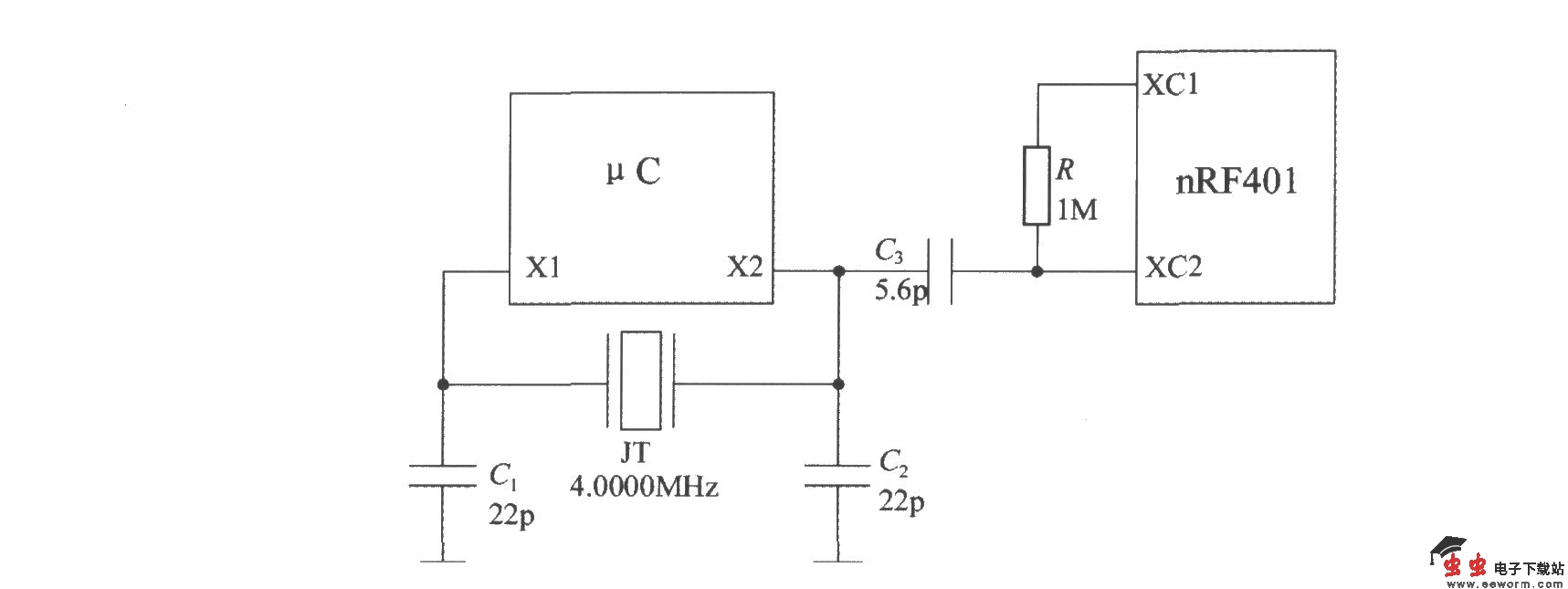 单片射频收发器nRF401的典型应用电路