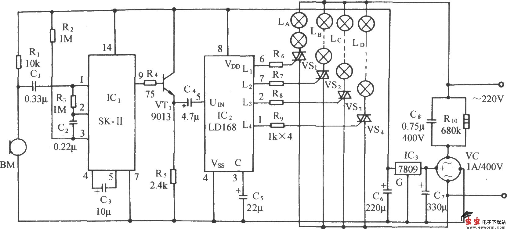 LD168音频压控卡拉0K彩灯发光控制电路