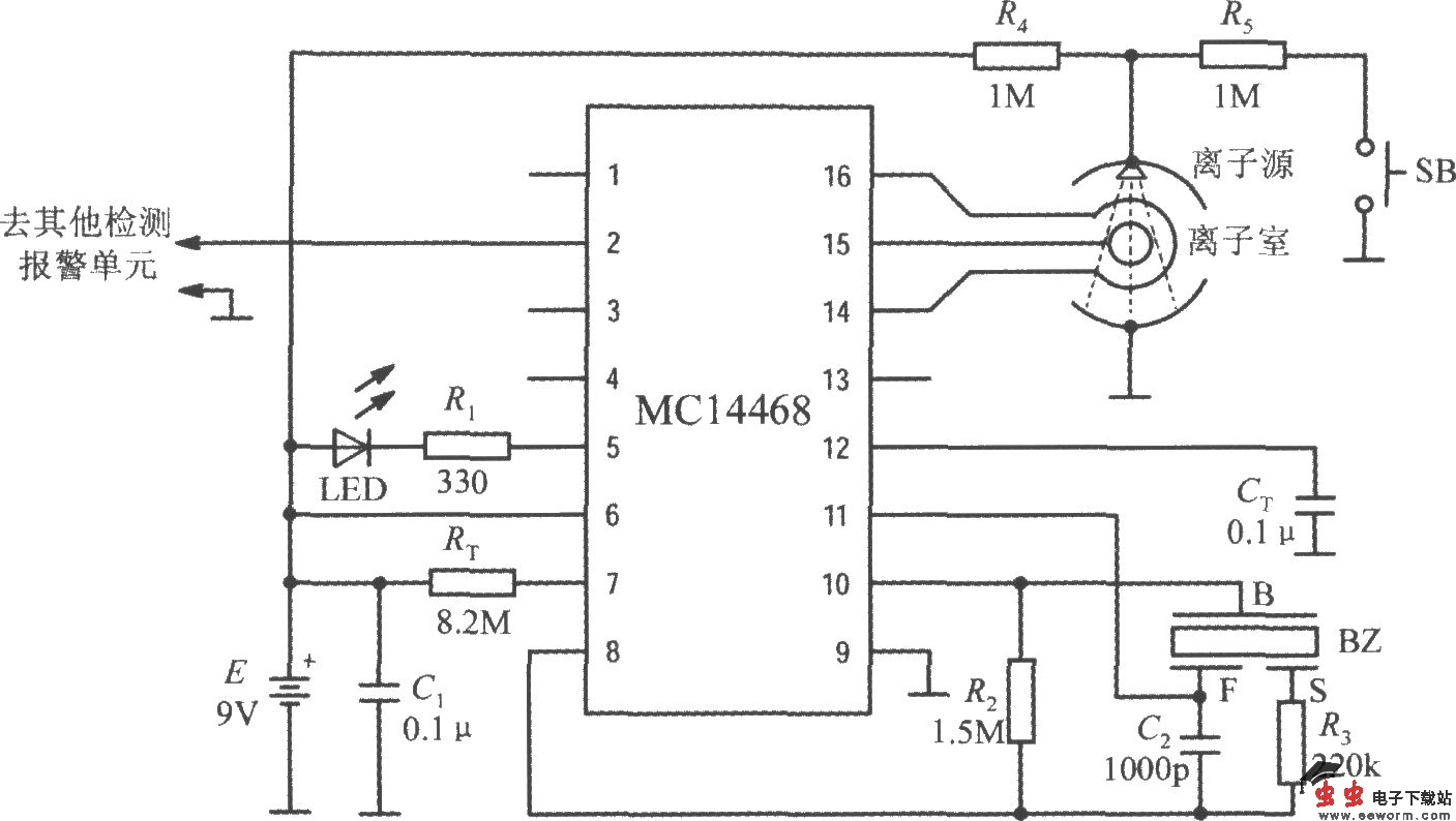 由离子型烟雾检测报警集成电路MC14468构成的烟雾检测报警电路