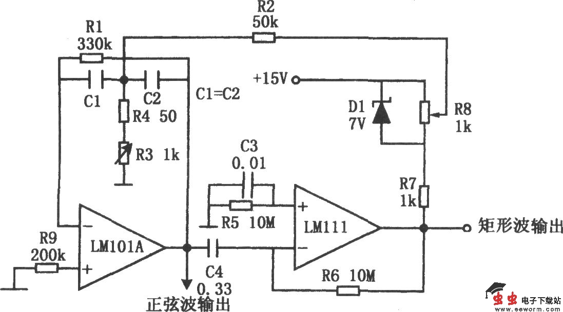 具有正弦波、矩形波输出的振荡电路(LM111、LM101A)