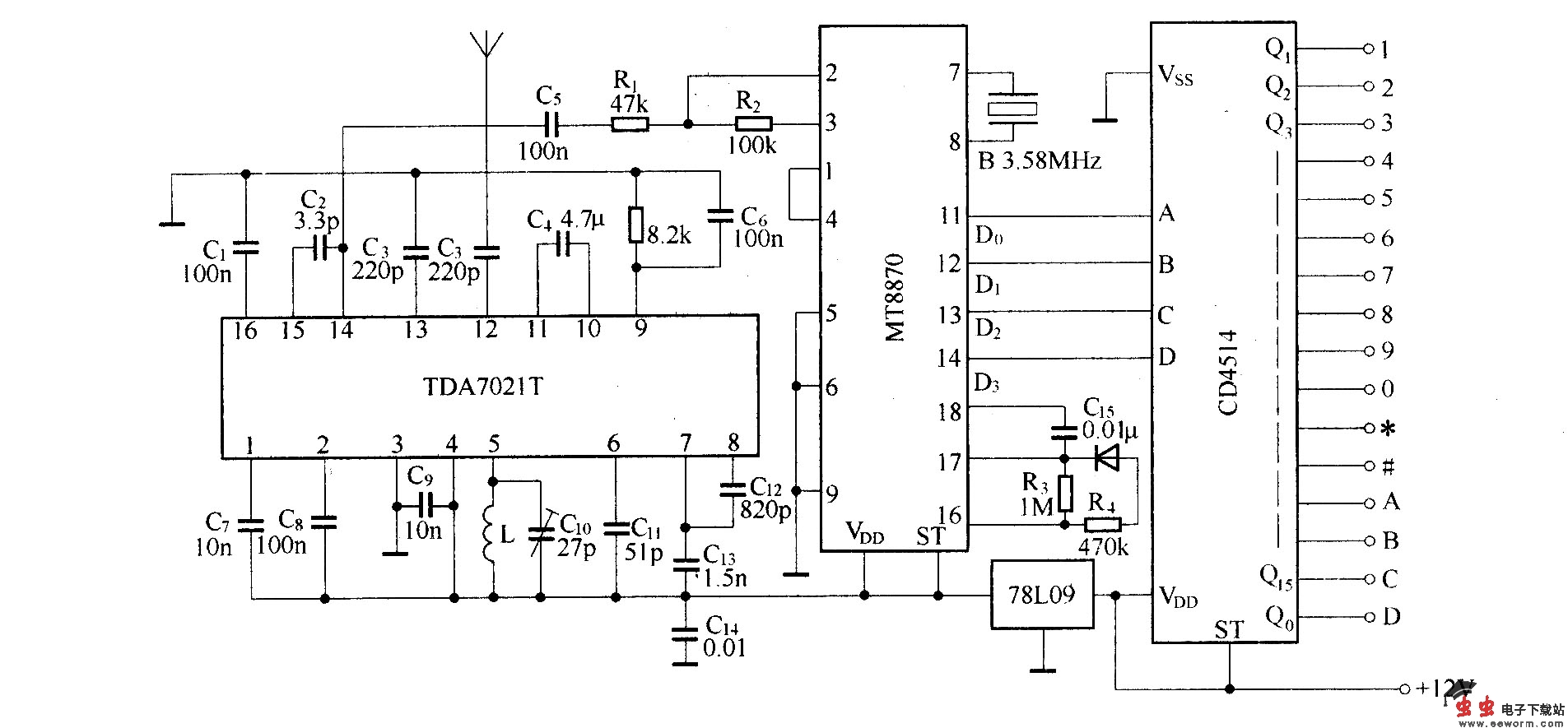 DTMF编码十六通道遥控电路(BA1404/TDA7021T)
