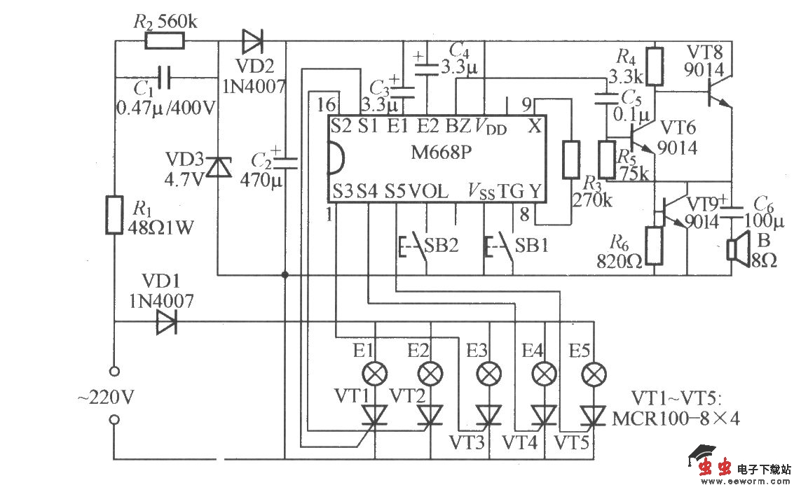 带音乐的五路闪烁灯串电路(M668P)