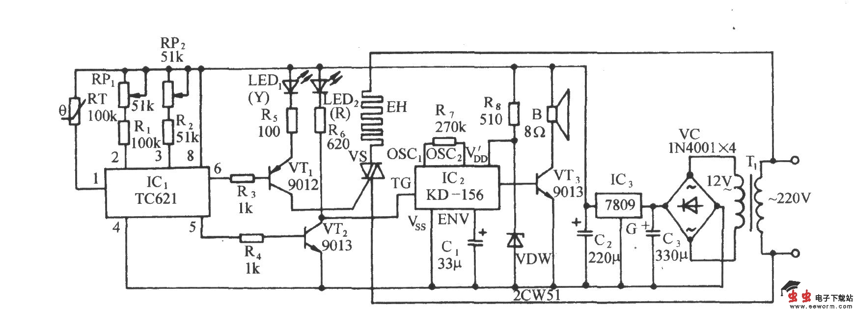 采用TC621的自动调温电暖炉电路