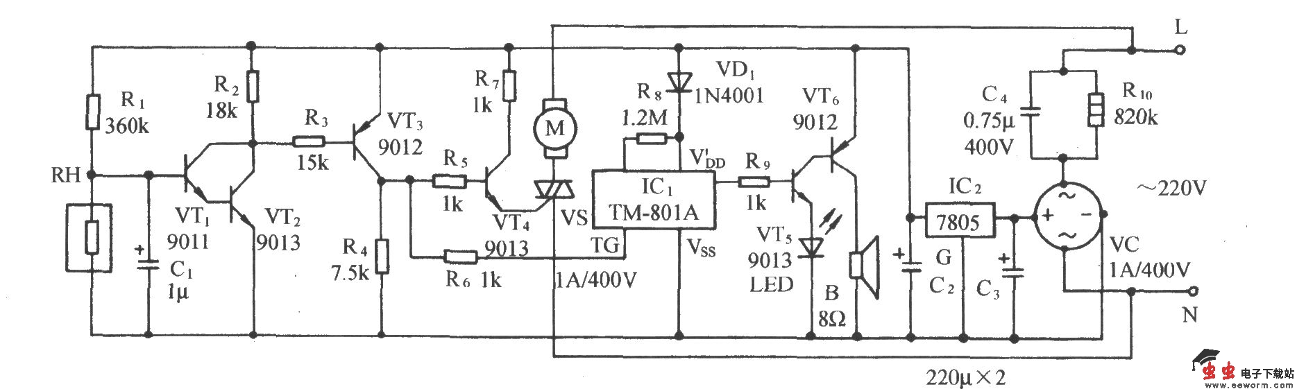 高湿度暖房玻璃防结露自动排气装置电路