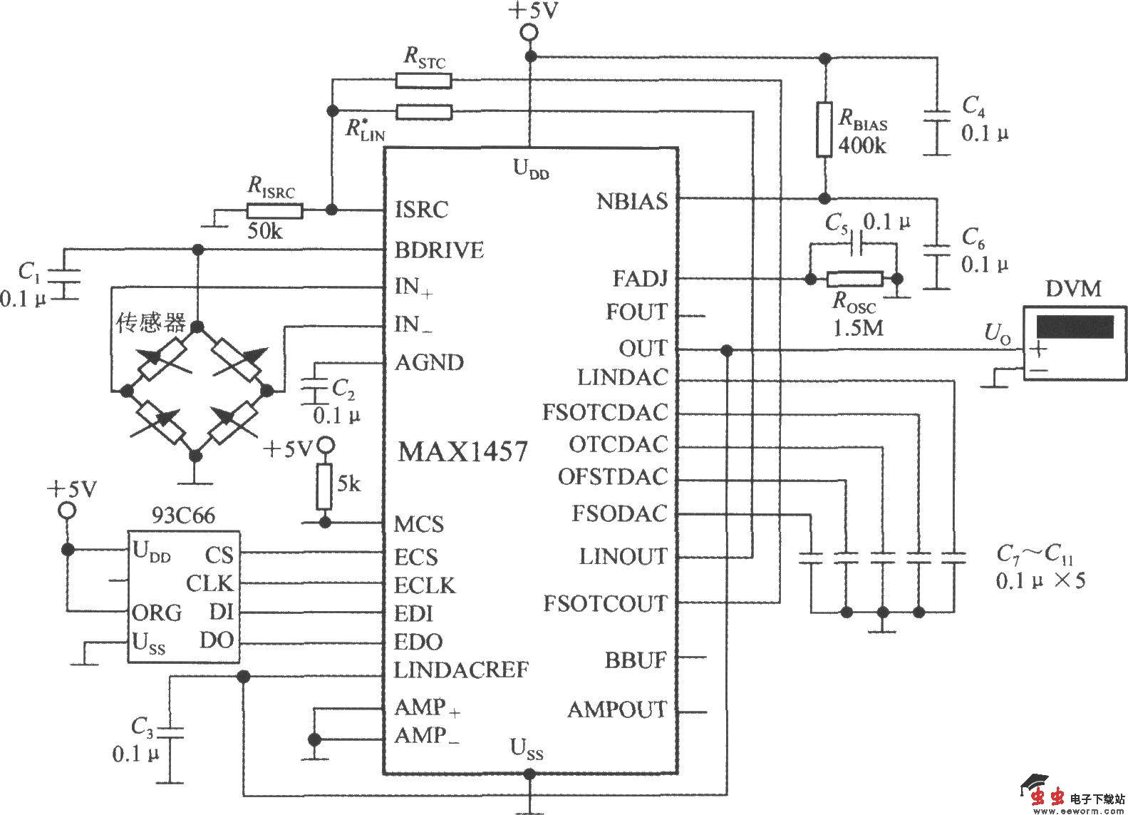 数字式高精度压力测试仪电路(高精度集成压力信号调理器MAX1457)