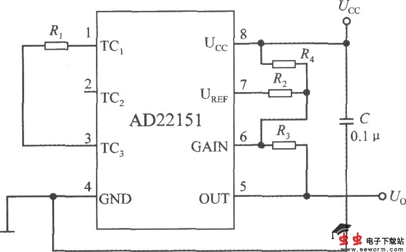 由线性输出集成磁场传感器AD22151构成的单极性模式下的温度补偿