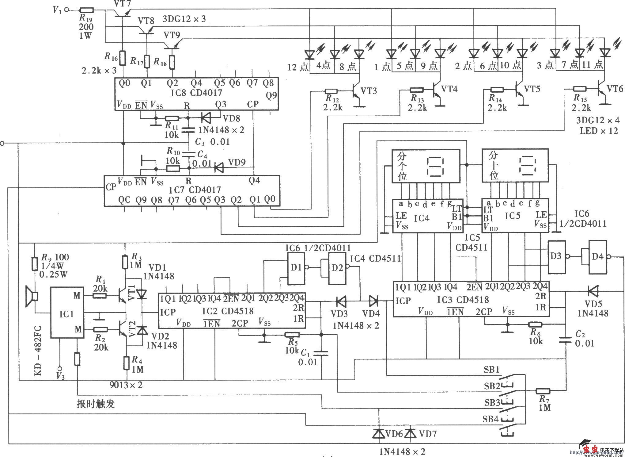 数字式电子钟电路(CD4017、CD4518、CD4511)