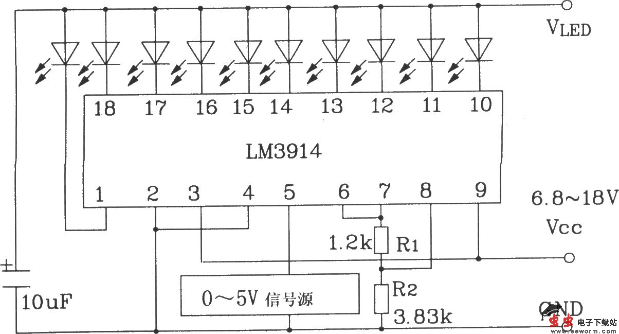 LM3914系列点/线图形LED显示驱动集成电路构成的0～5V线图指示器
