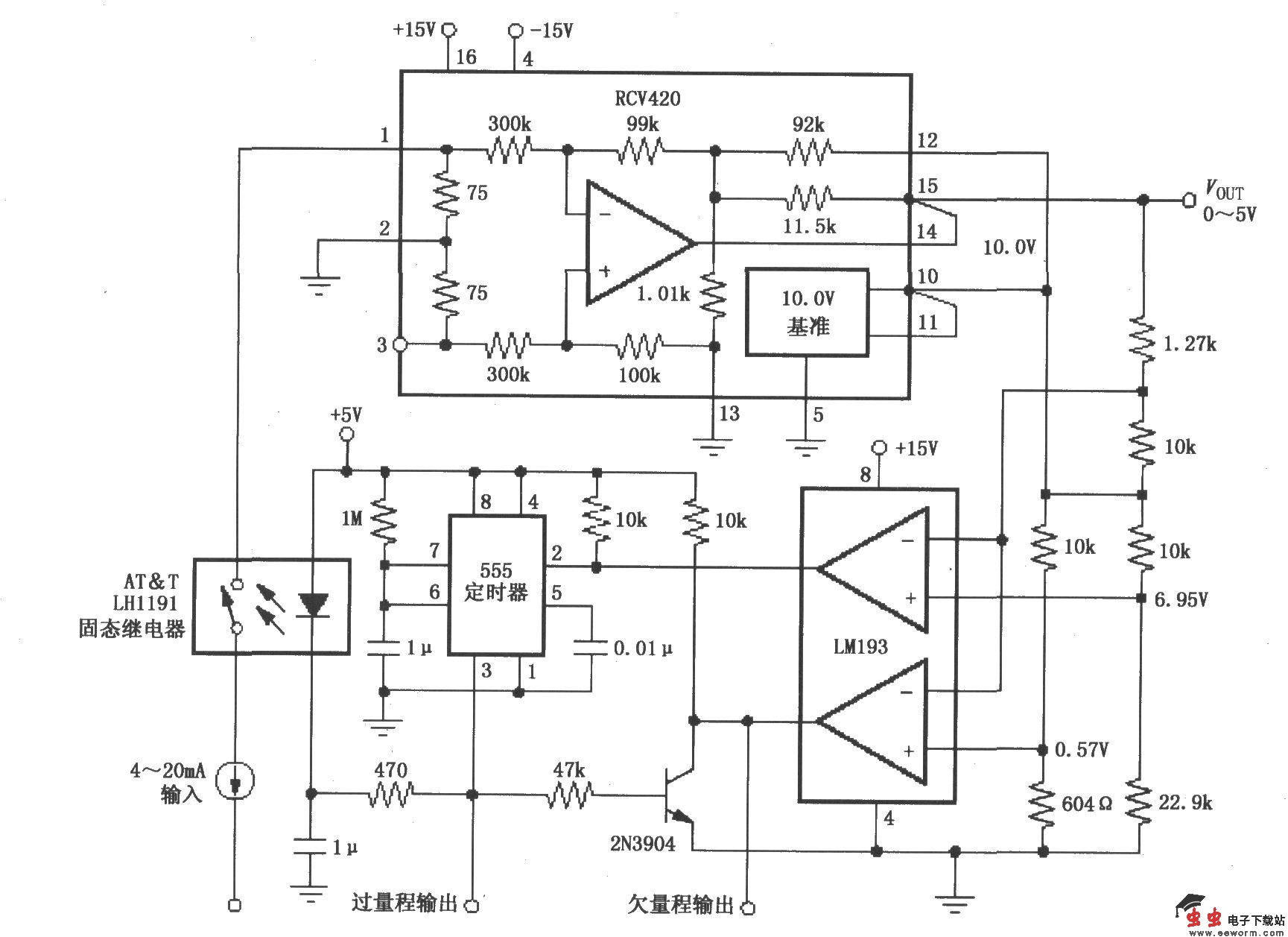 RCV420构成的具有输入过载保护的4～20mA电流环路接收器