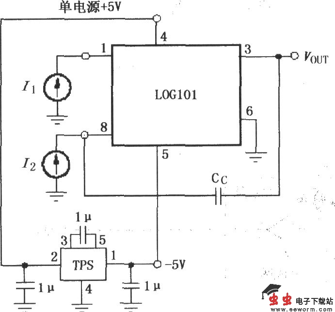 对数与对数比率放大器LOG101／104的单电源 5V供电工作电路