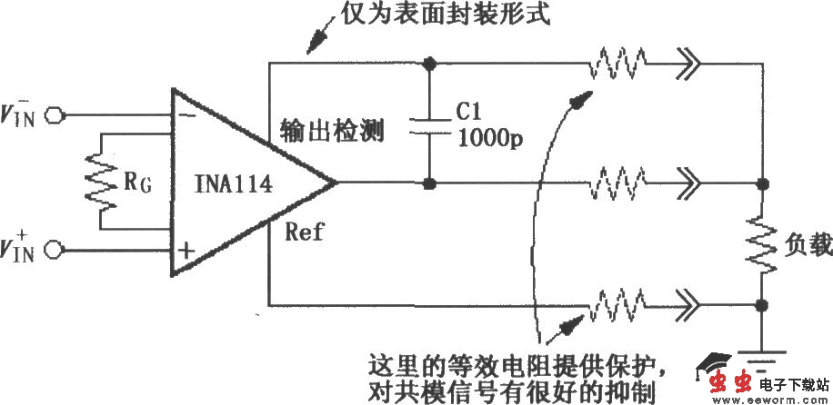 INA114构成的远距离负载和地检测电路