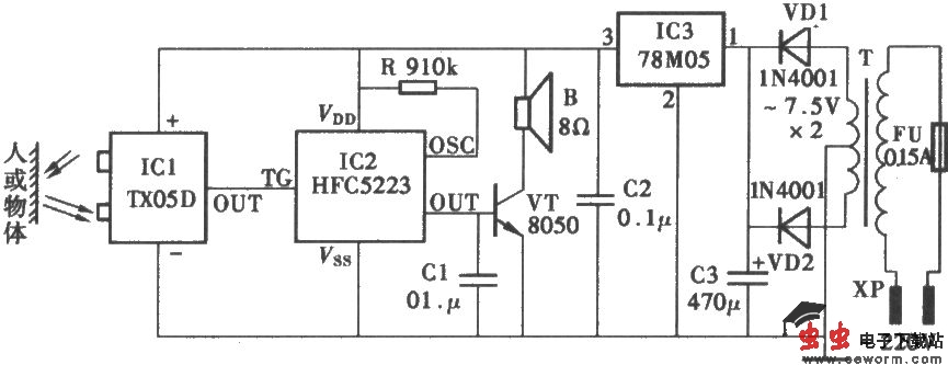 采用TX05D的红外线控制门铃电路
