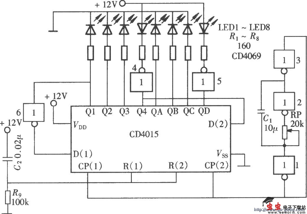 由CD4015组成的交替发光式LED闪烁灯