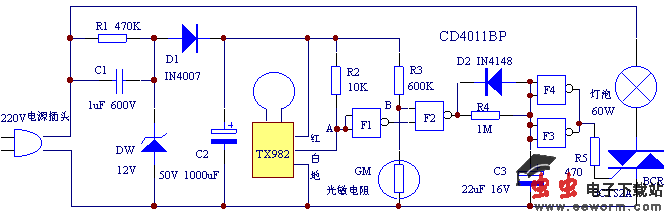 具有自锁功能的自动走廊灯原理图