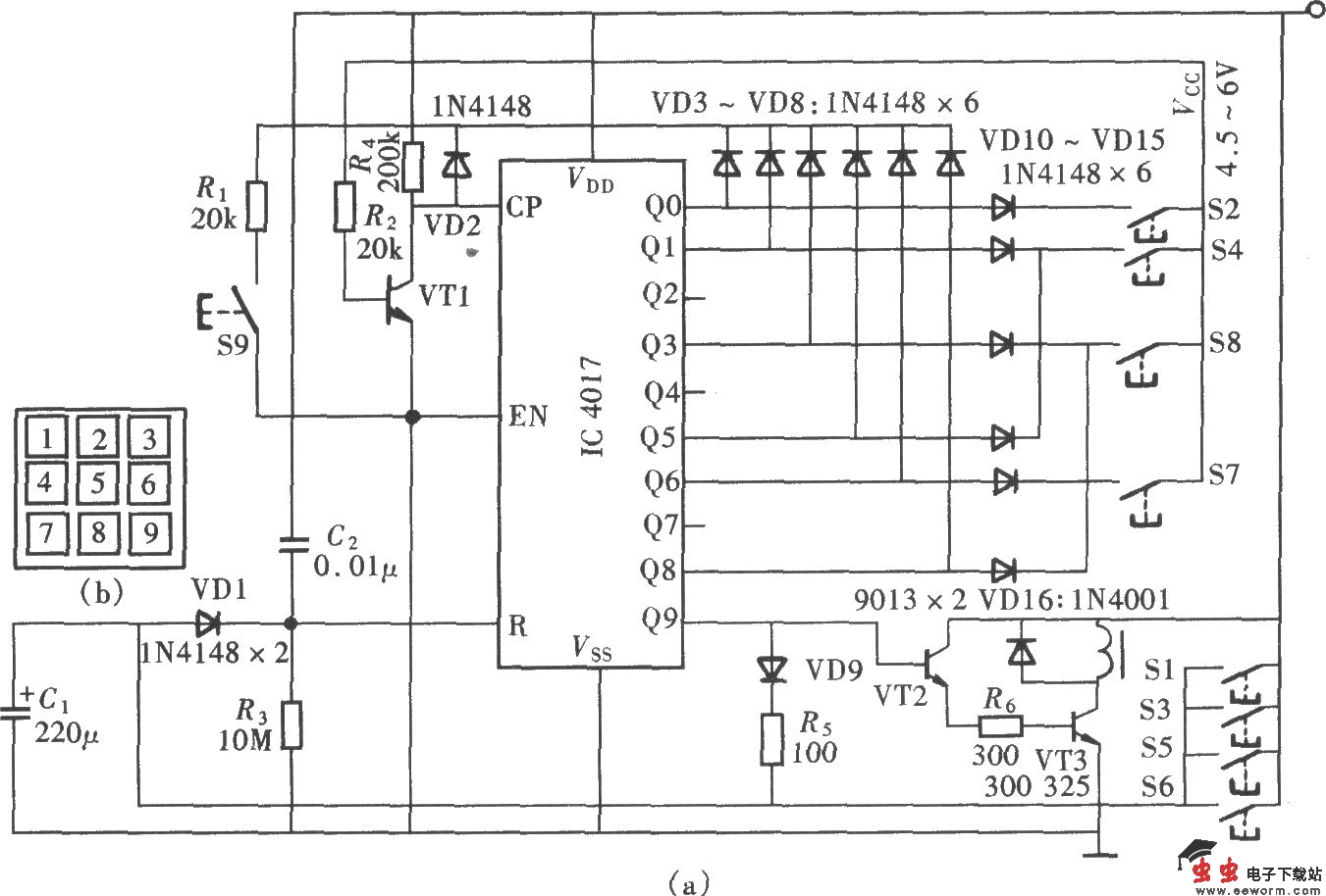 由CD4017组成的九位按键密码锁