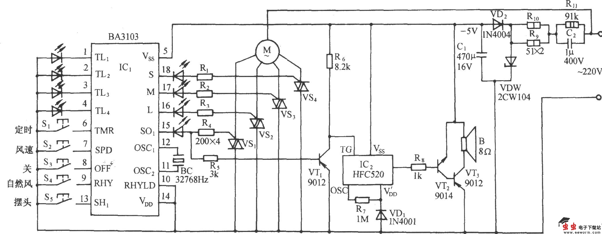用BA3103的多功能电风扇伴海浪声控制电路