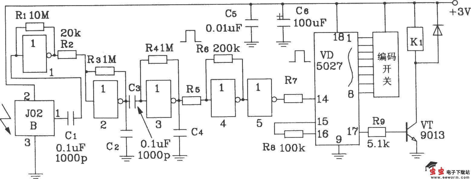 由F03/J02B构成的遥控编码发射、解码接收电路图