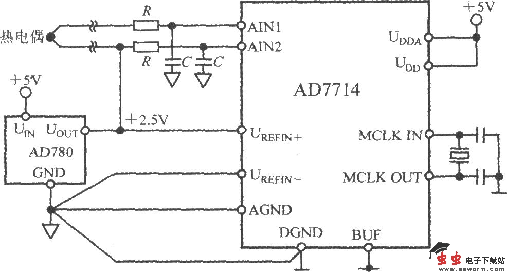 由5通道低功耗可编程传感器信号处理器AD7714和热电偶构成的测温