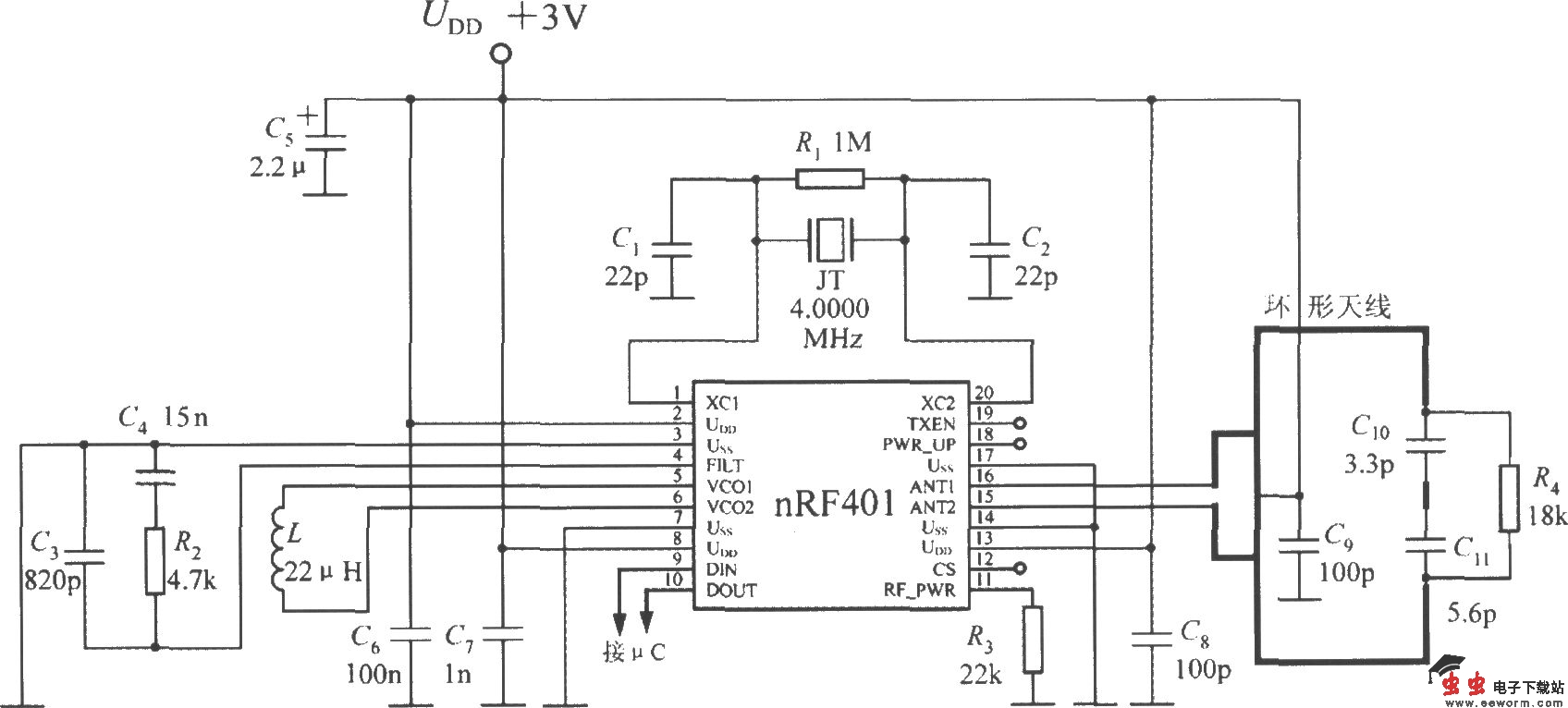 单片射频收发器nRF401的典型应用电路