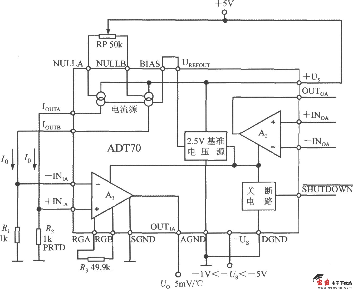 铂热电阻信号调理器ADT70的内部电路框图及典型应用电路