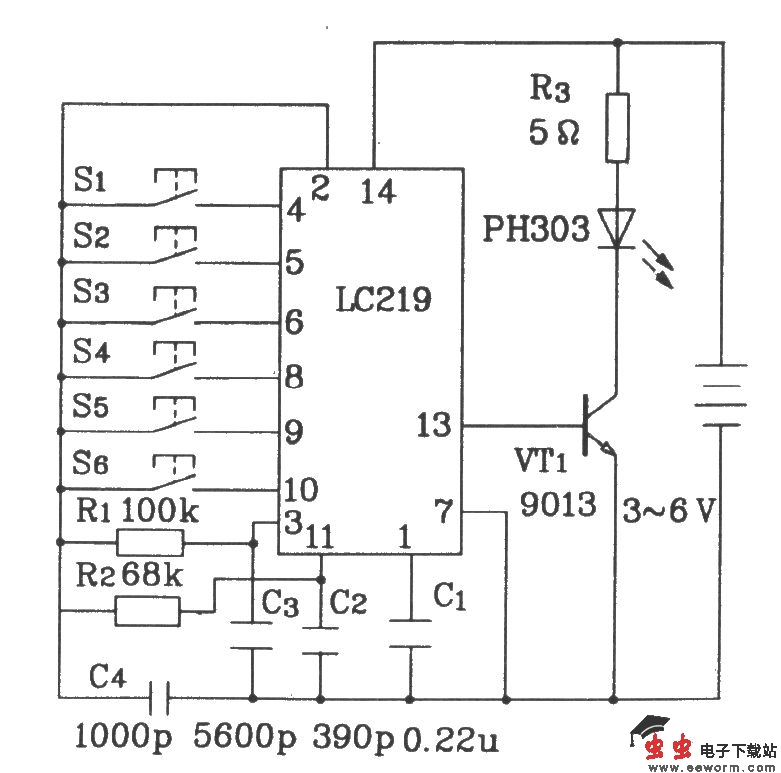 LC219/220A构成红外线遥控电机调速发射、接收电路图
