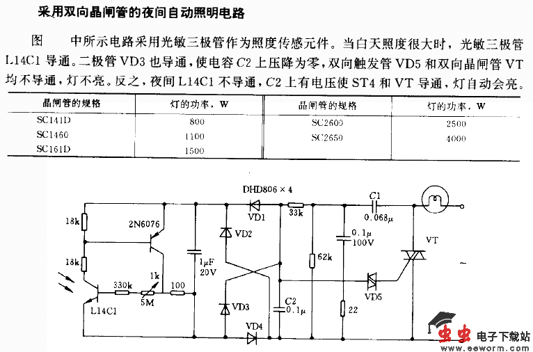 采用双向晶闸管的夜间自动照明电路