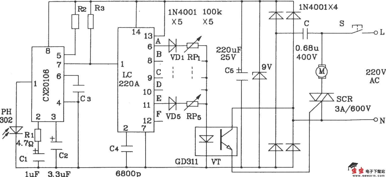 LC219/220A构成红外线遥控电机调速发射、接收电路图
