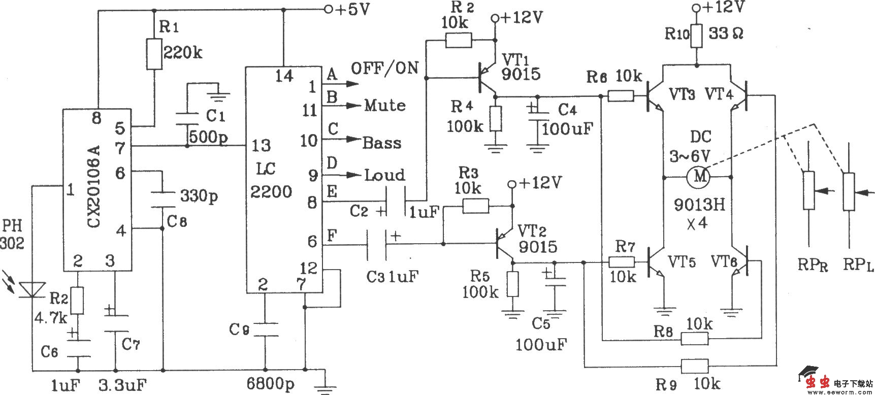 LC2200构成收录机音量遥控控制电路图