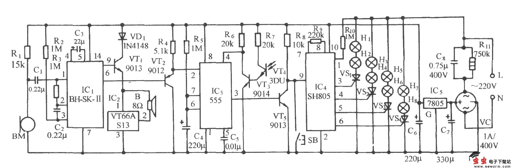 采用SH805的声光双控彩灯伴乐曲发声电路