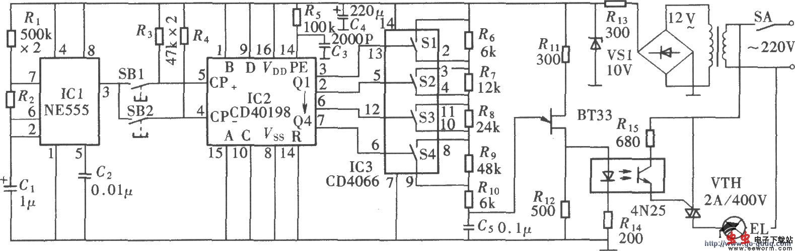 十六级调光台灯电路(NE555、CD40198)