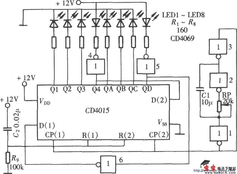 由CD4015组成的LED动感闪烁灯