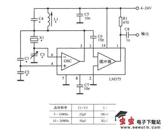 用双运放LM375构成射频晶体振荡器