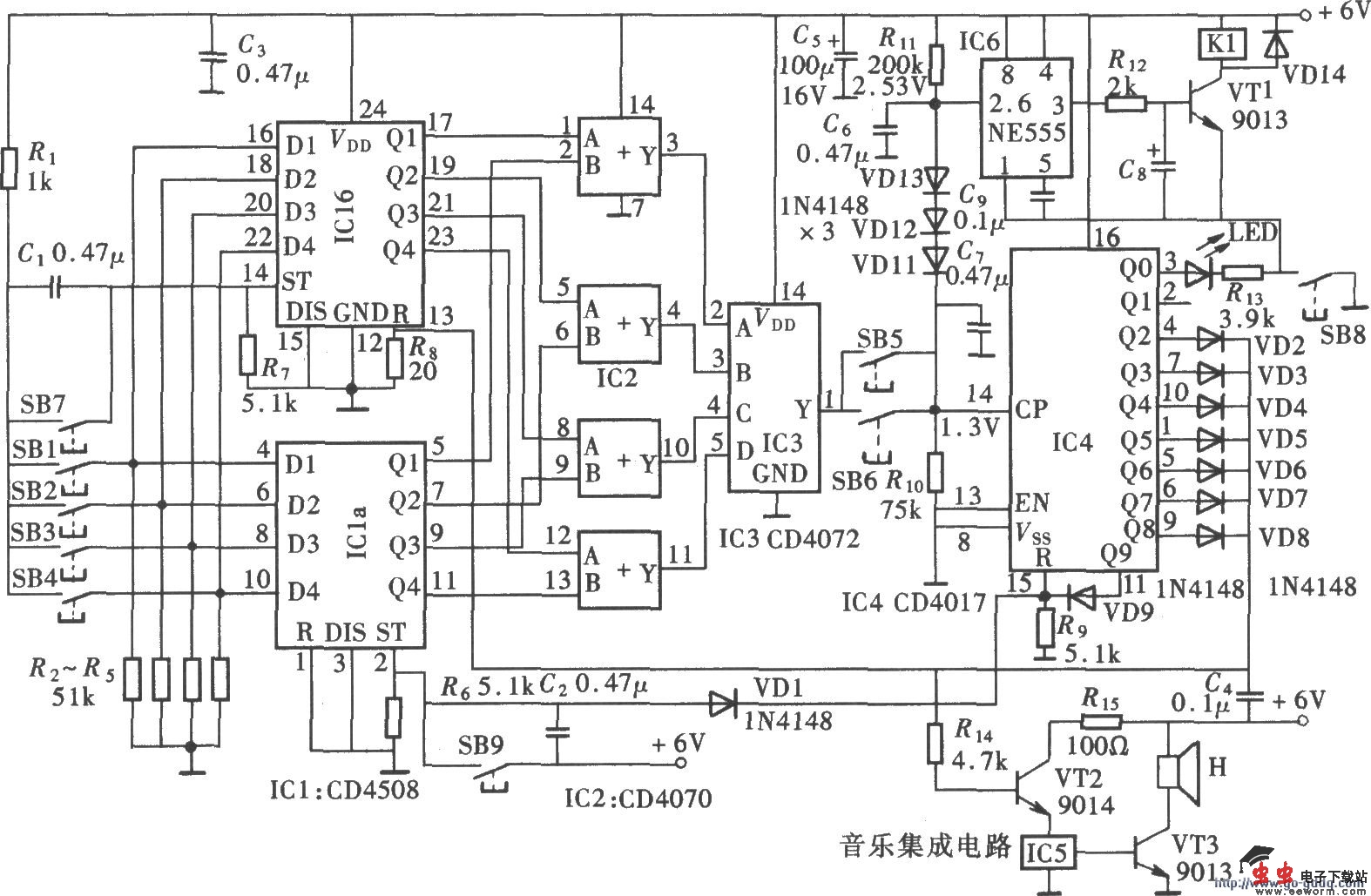 有报警功能的密码锁(CD4508、CD4070、CD4017、CD4072)