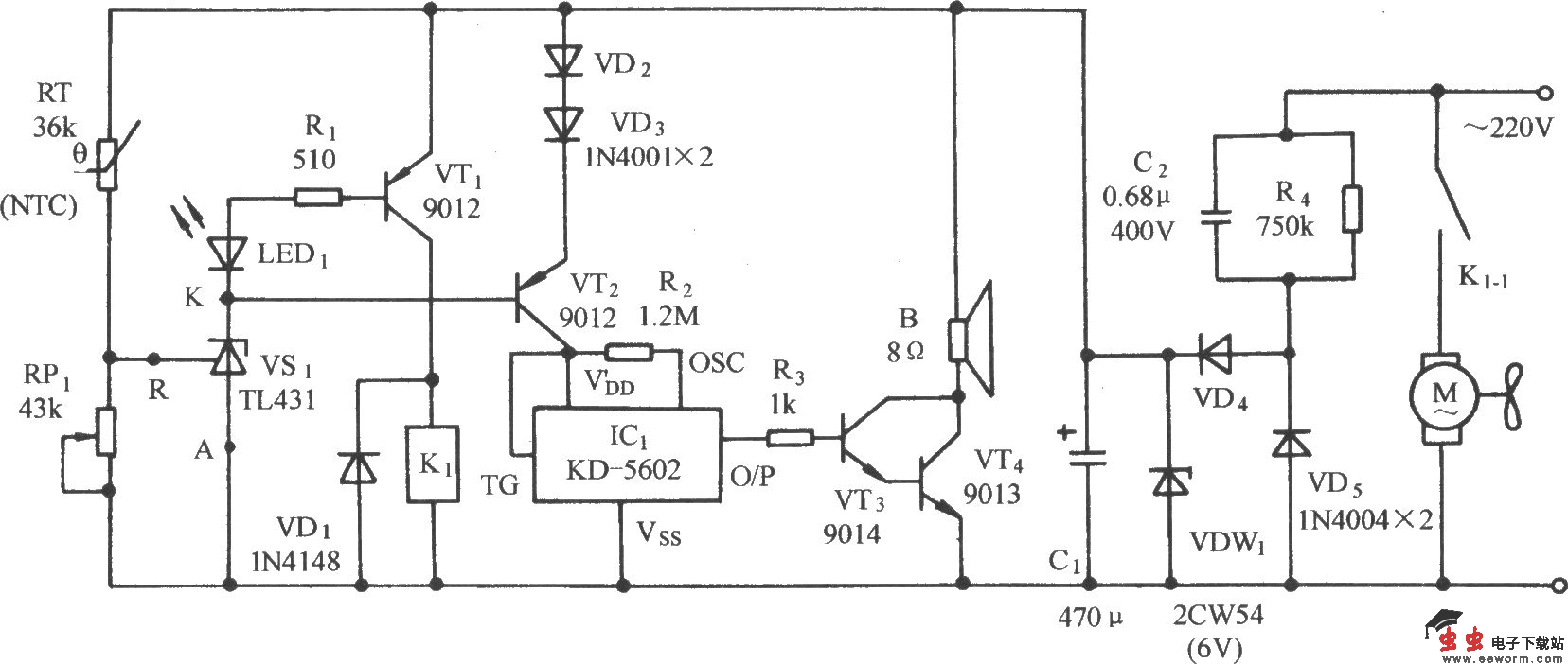 温度上限动物呜叫告警及自动通风降温控制电路