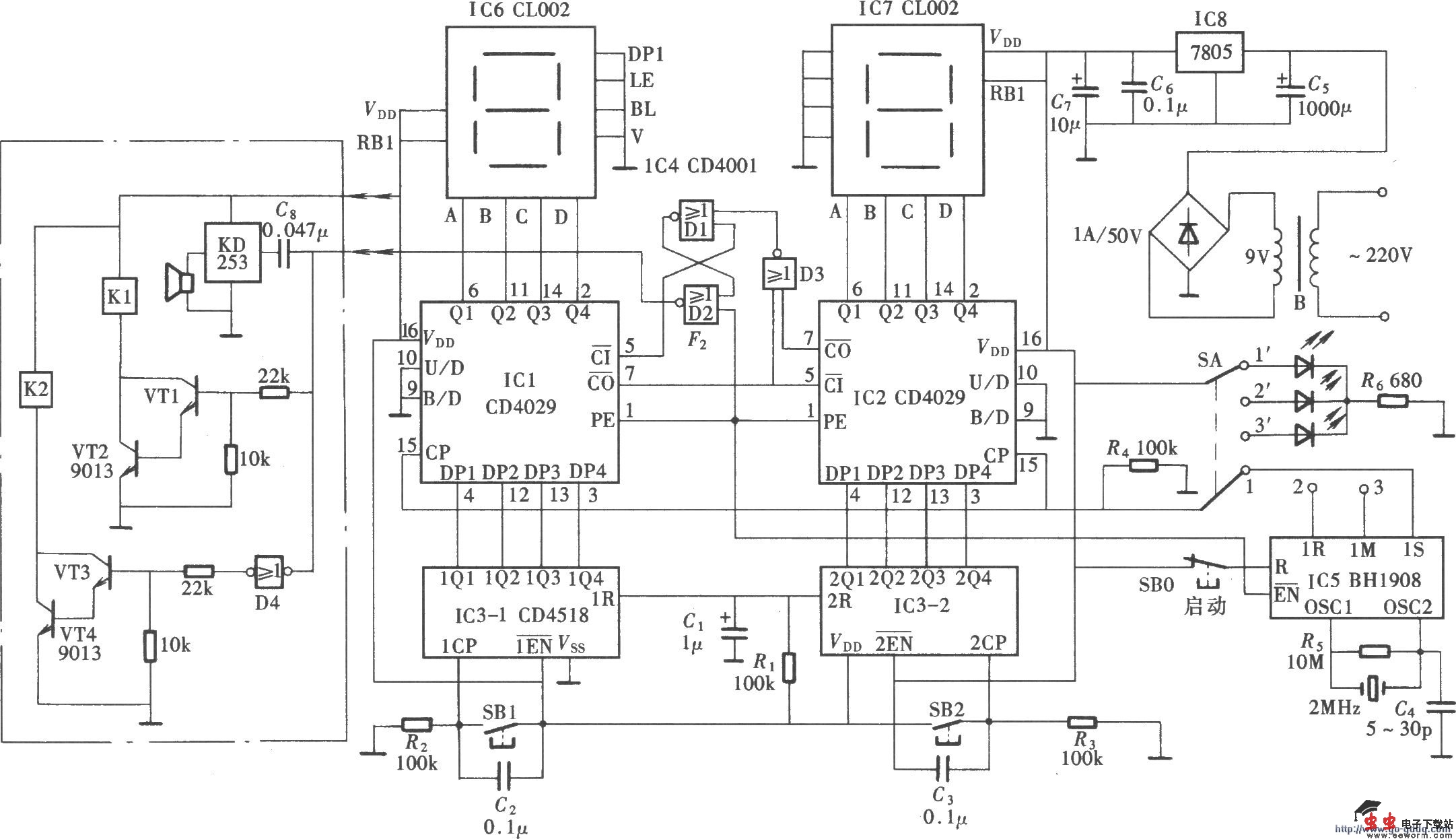 可预置定时的倒计时定时器(CD4029、CD4518、BH1908)
