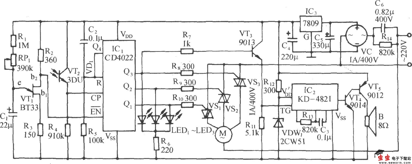 光控式电扇仿自然风模拟和名曲伴唱控制电路(CD4022)