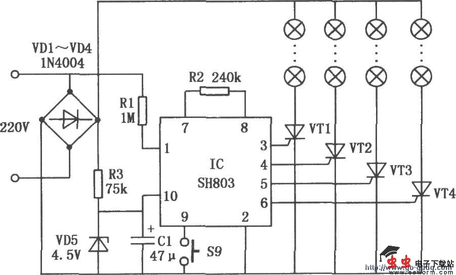 SH803构成的彩灯控制电路