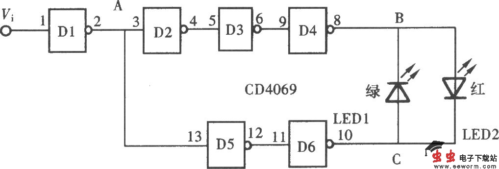 用门电路组成的发光型逻辑笔(CD4069)