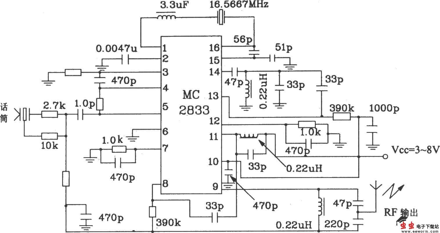 由MC2833构成的无线电发射典型应用电路图