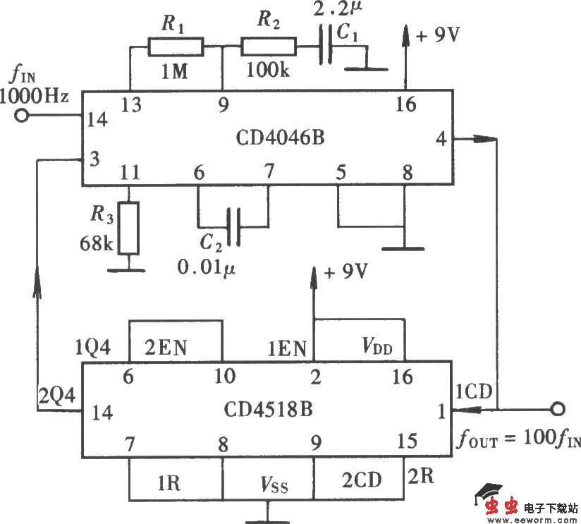 用CD4046组成的100倍频电路