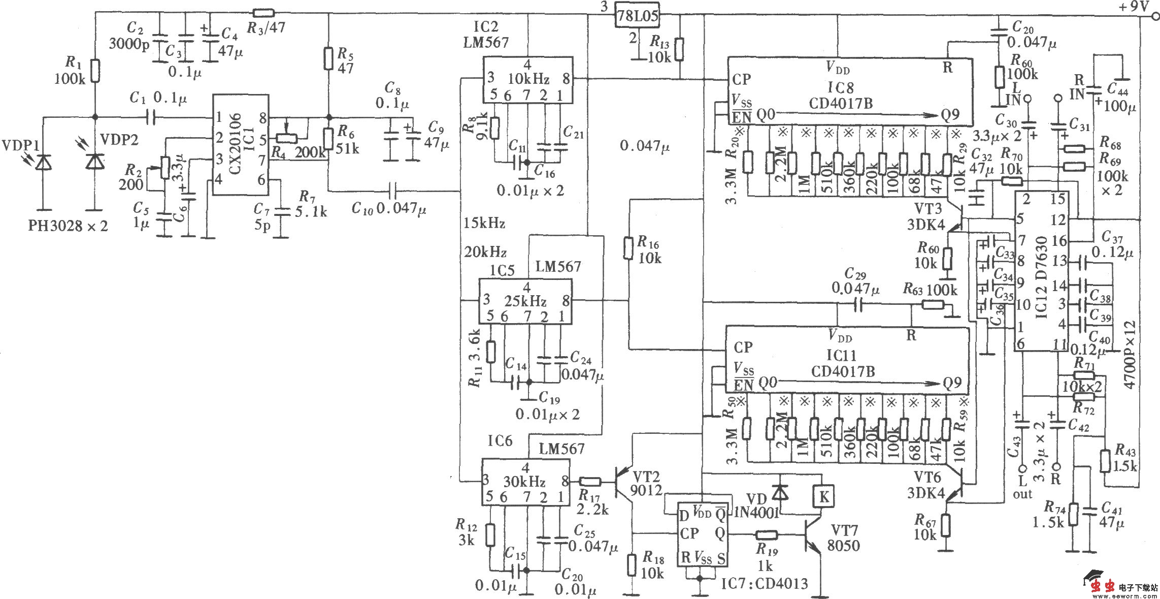 五通道音响设备红外遥控器(CX20106、NE555、CD4011、CD4017B)