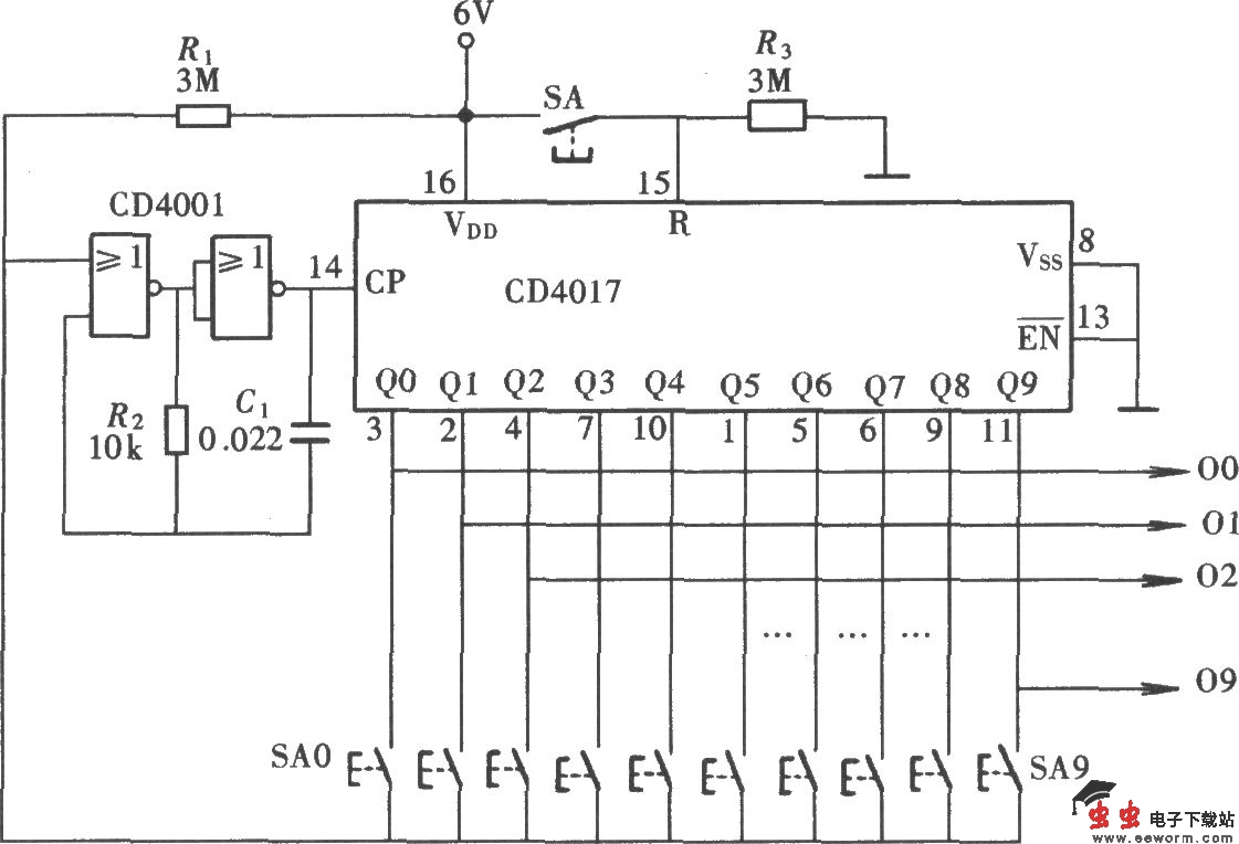 由CD4017、CD4001组成的十挡互锁开关控制器电路